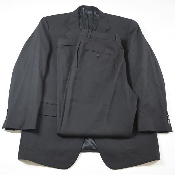 Vtg Y2K Boxy 2000s 42R 32x32 Black Herringbone 100% Wool Mens Jacket Pants Suit